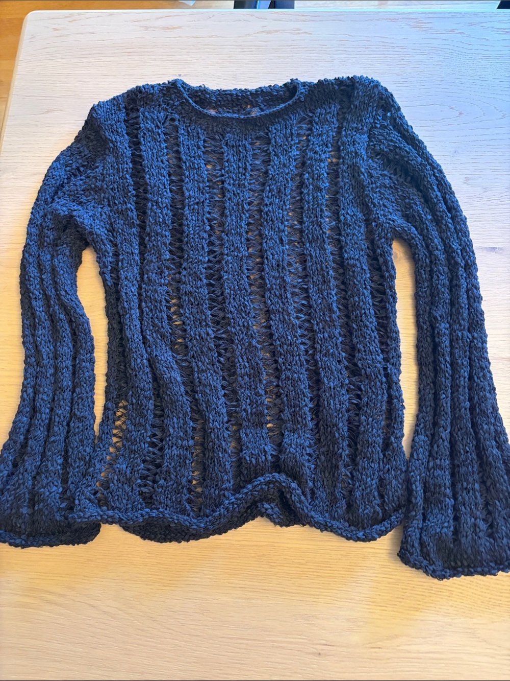 Women's Black Crochet Open-Knit Sweater w/ Bell Sleeves